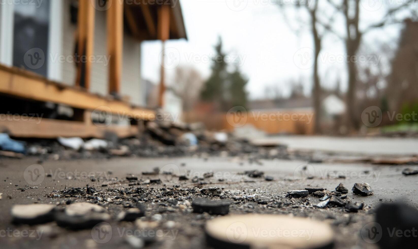 A close-up view of debris scattered on a pavement near a house. photo