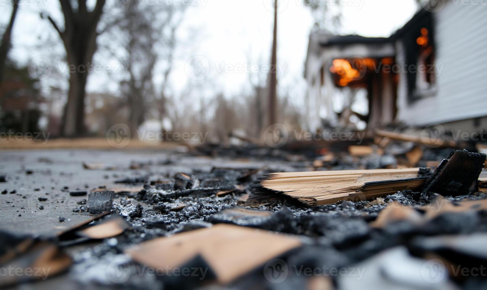 A close-up view of charred debris from a burned structure. photo