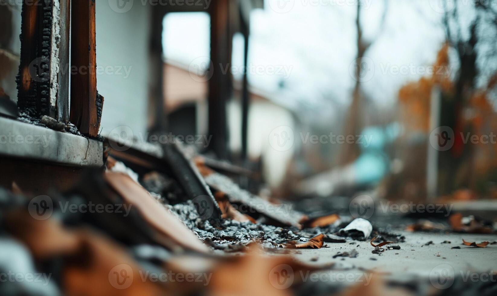 A close-up view of debris and damage from a fire on a street. photo
