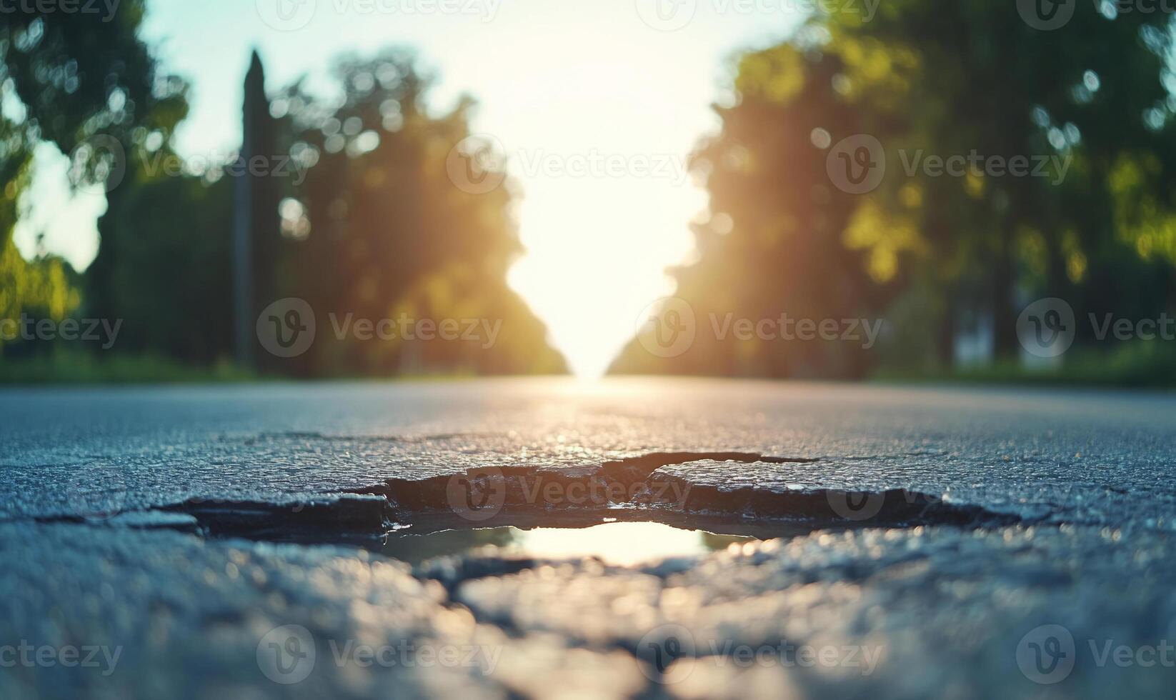 A cracked road under sunlight, highlighting environmental wear. photo