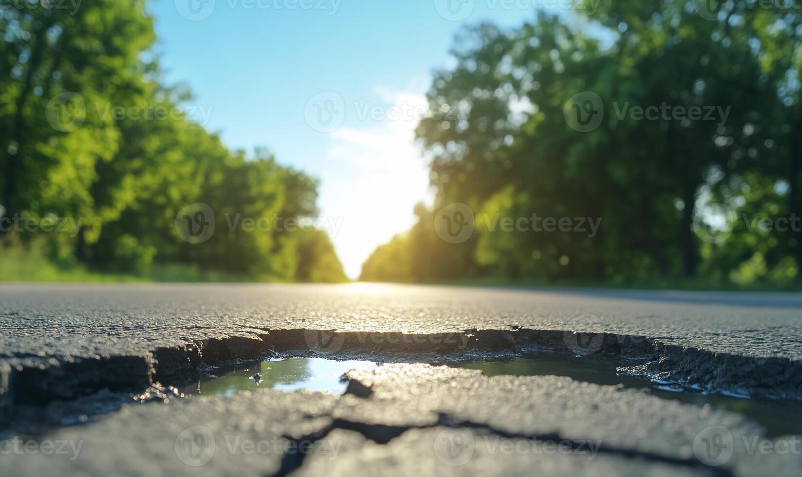 A cracked road with a puddle reflecting sunlight and greenery. photo