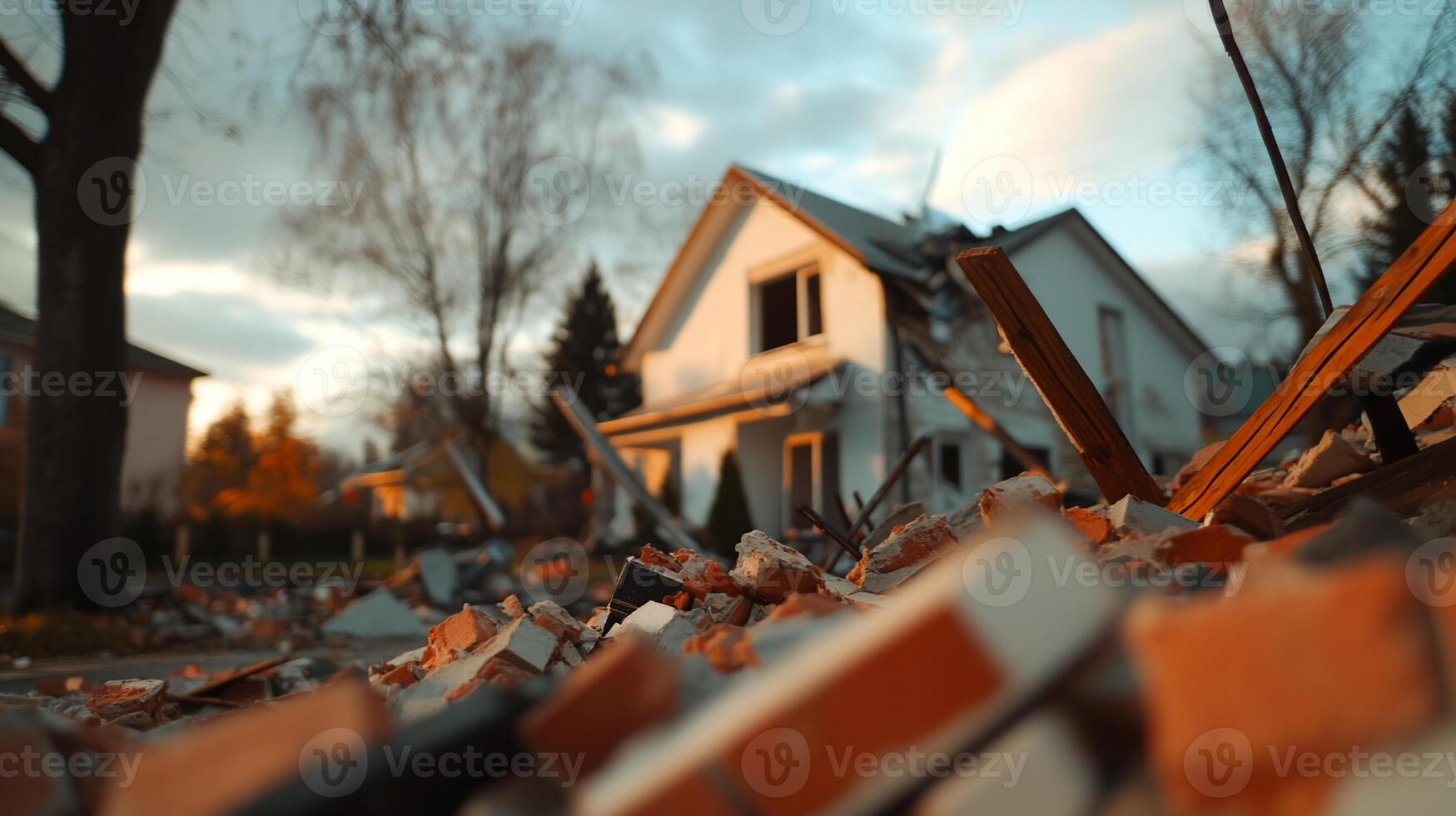 A damaged house surrounded by debris after a destructive event. photo