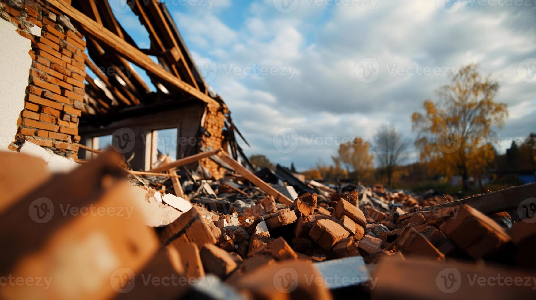 A close-up of rubble from a collapsed building under a cloudy sky. photo