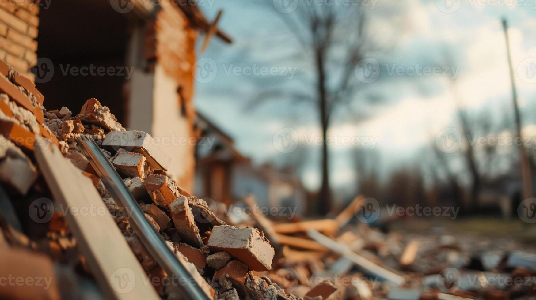 Debris from a demolished building scattered on the ground. photo