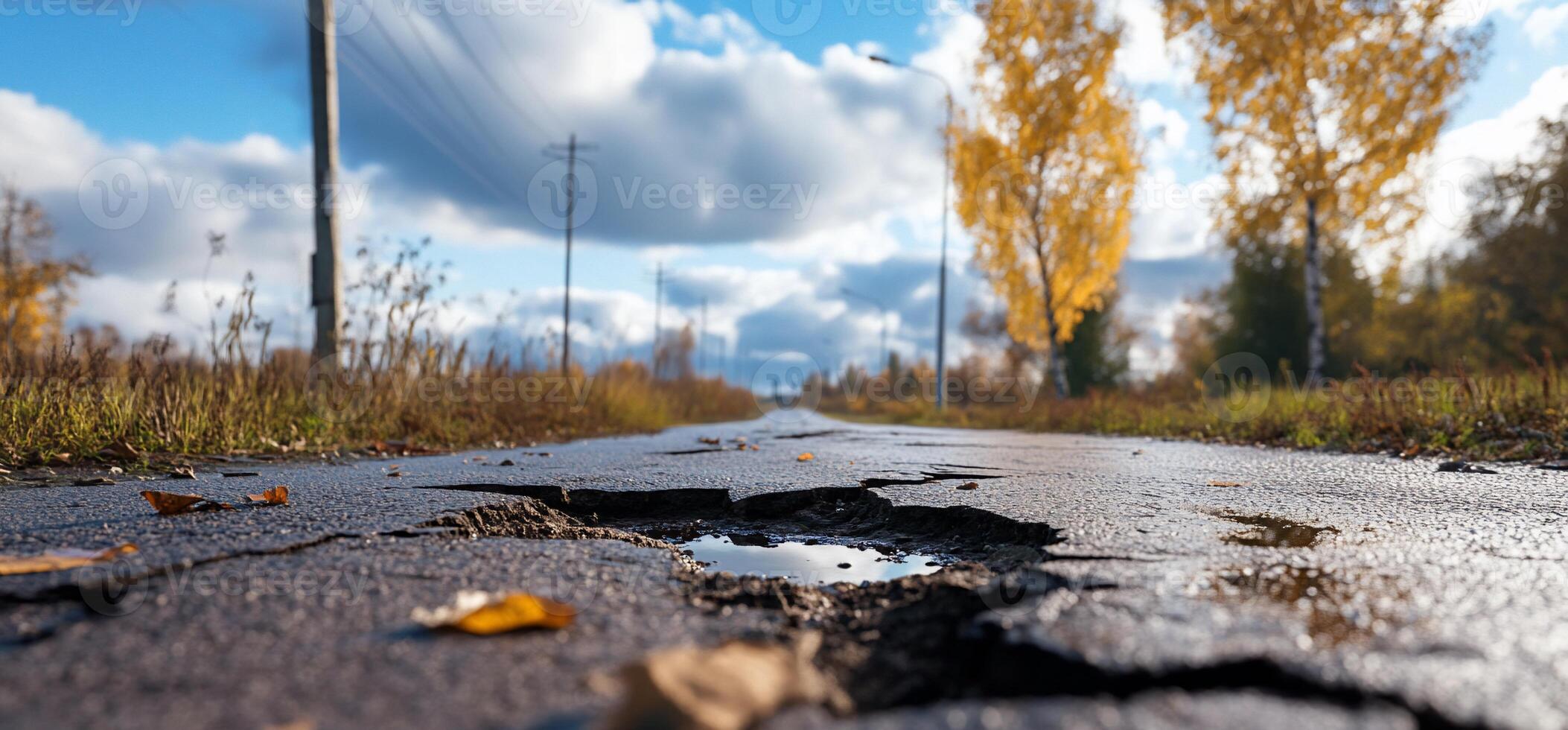 A cracked road with autumn trees under a cloudy sky. photo