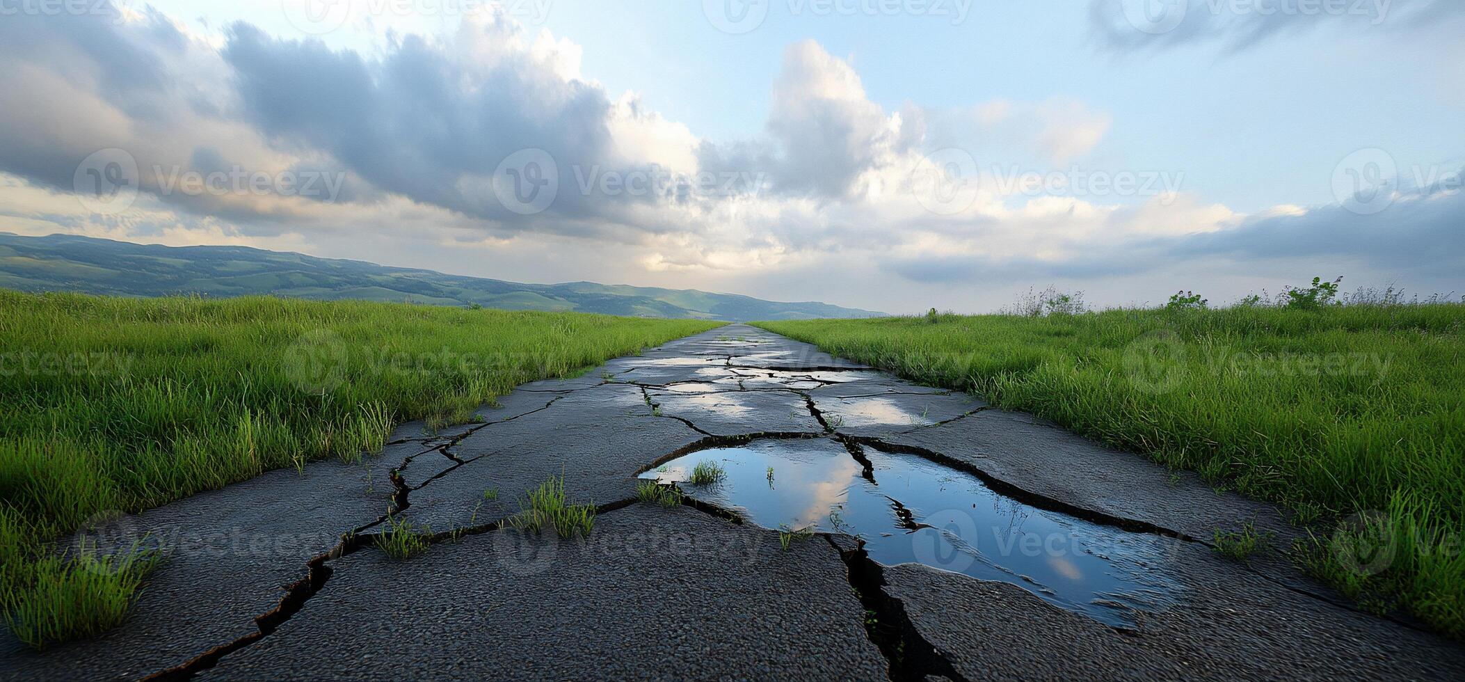 Cracked road through lush green fields under a cloudy sky. photo