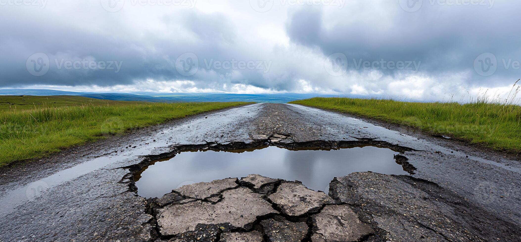 A cracked road with puddles under a cloudy sky and green fields. photo