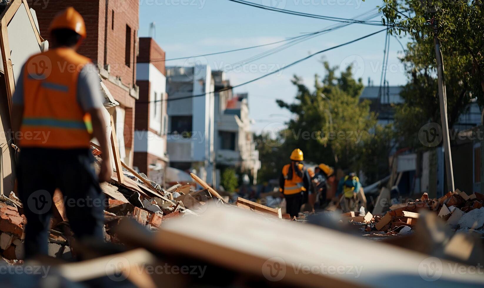 A group of men in orange vests are walking through rubble photo