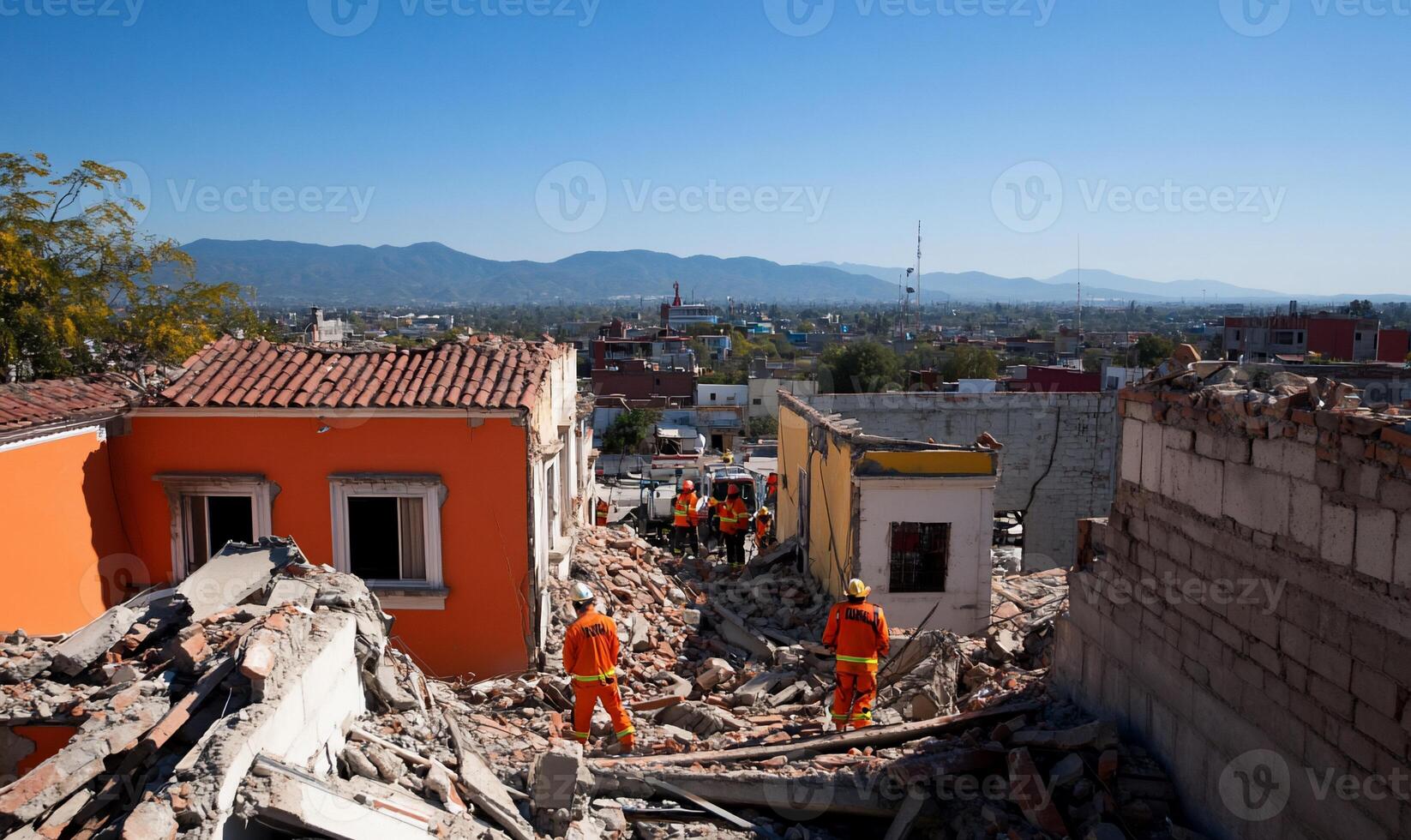 Rescue workers assess damage in a devastated urban area after a quake. photo