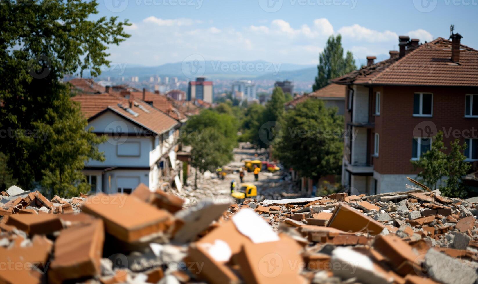 A view of a damaged street after an earthquake, with rubble in focus. photo