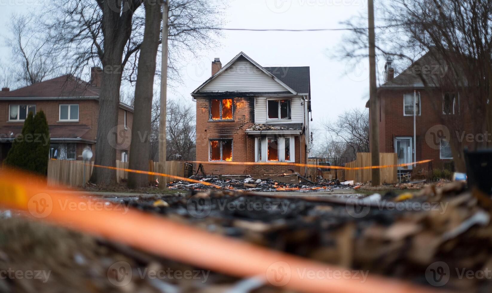 A burned house with flames visible, surrounded by debris and caution tape. photo