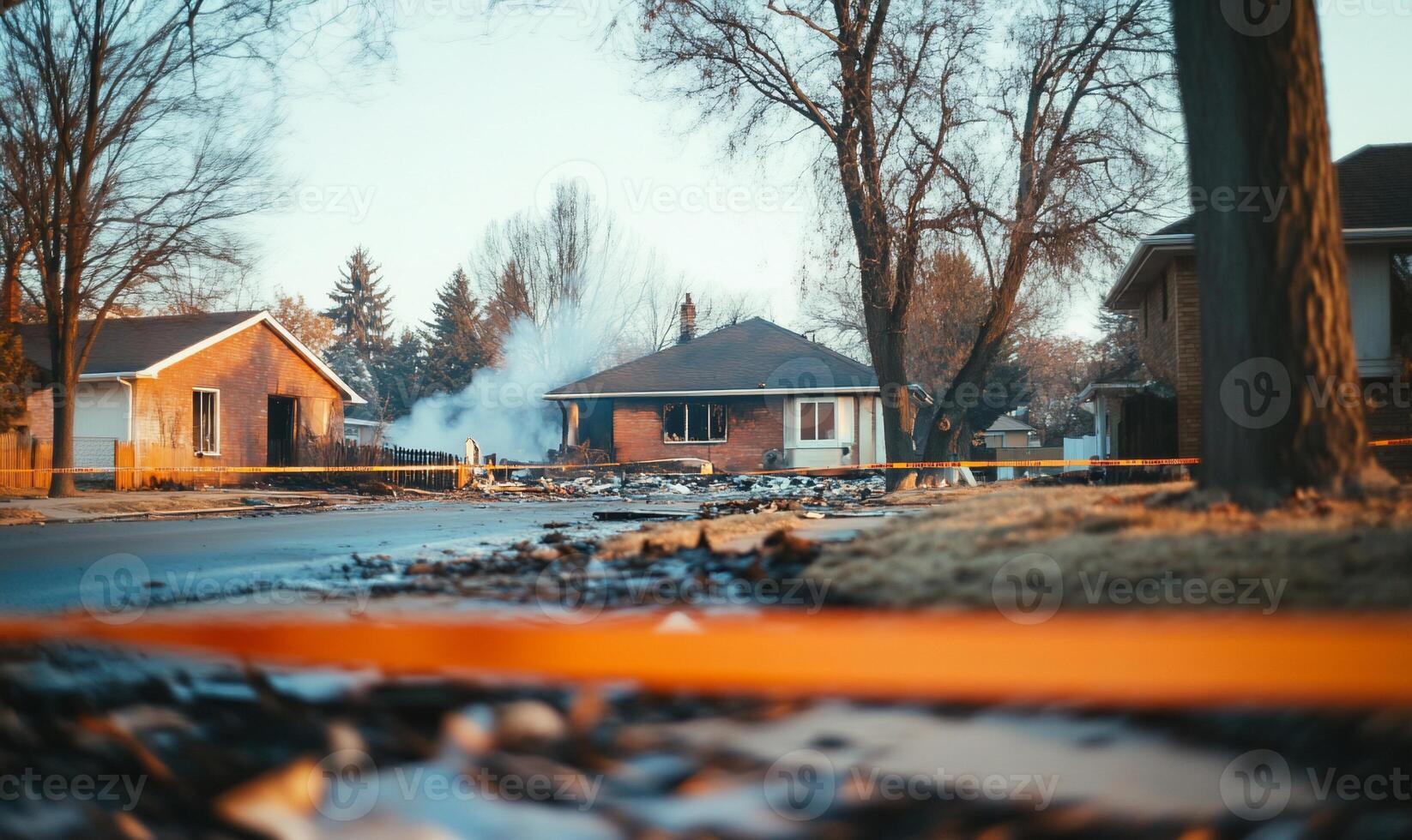 A neighborhood scene with smoke and caution tape after a fire incident. photo