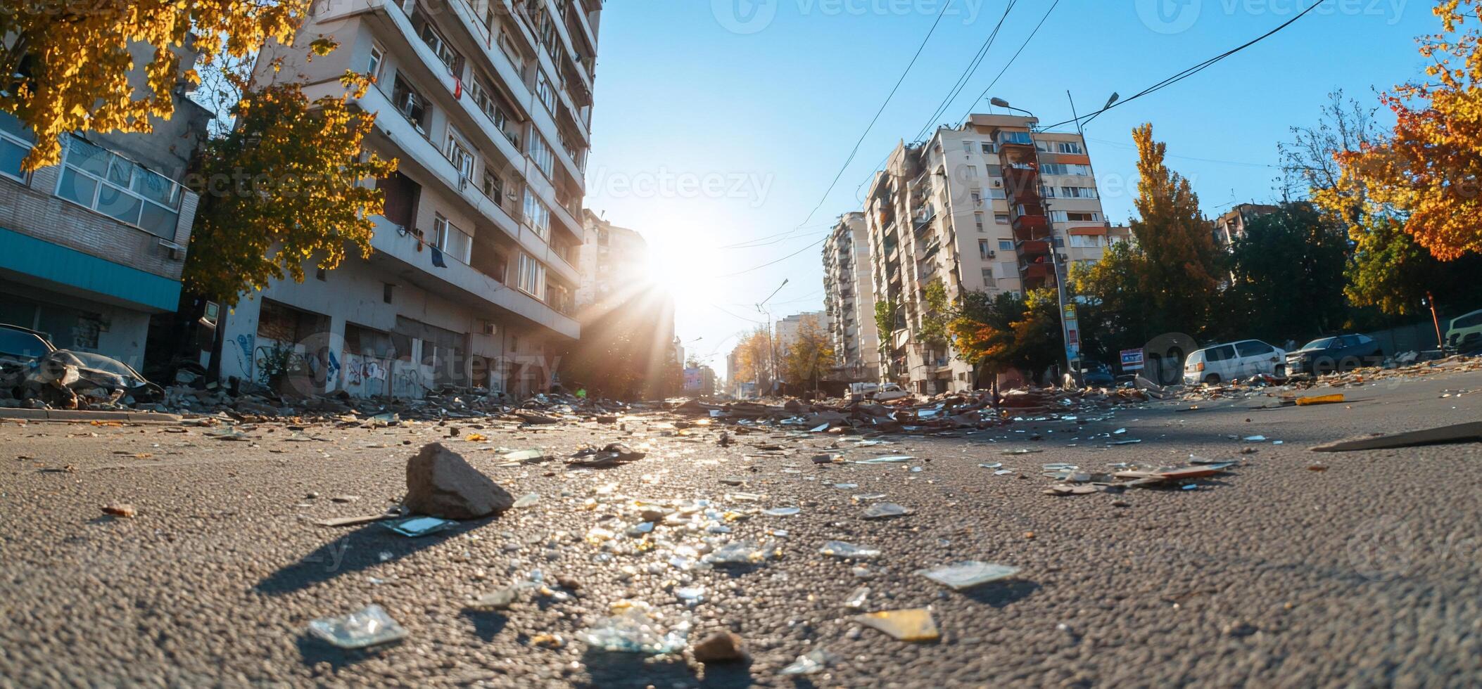 Urban street scene with debris and sunlight at dawn. photo