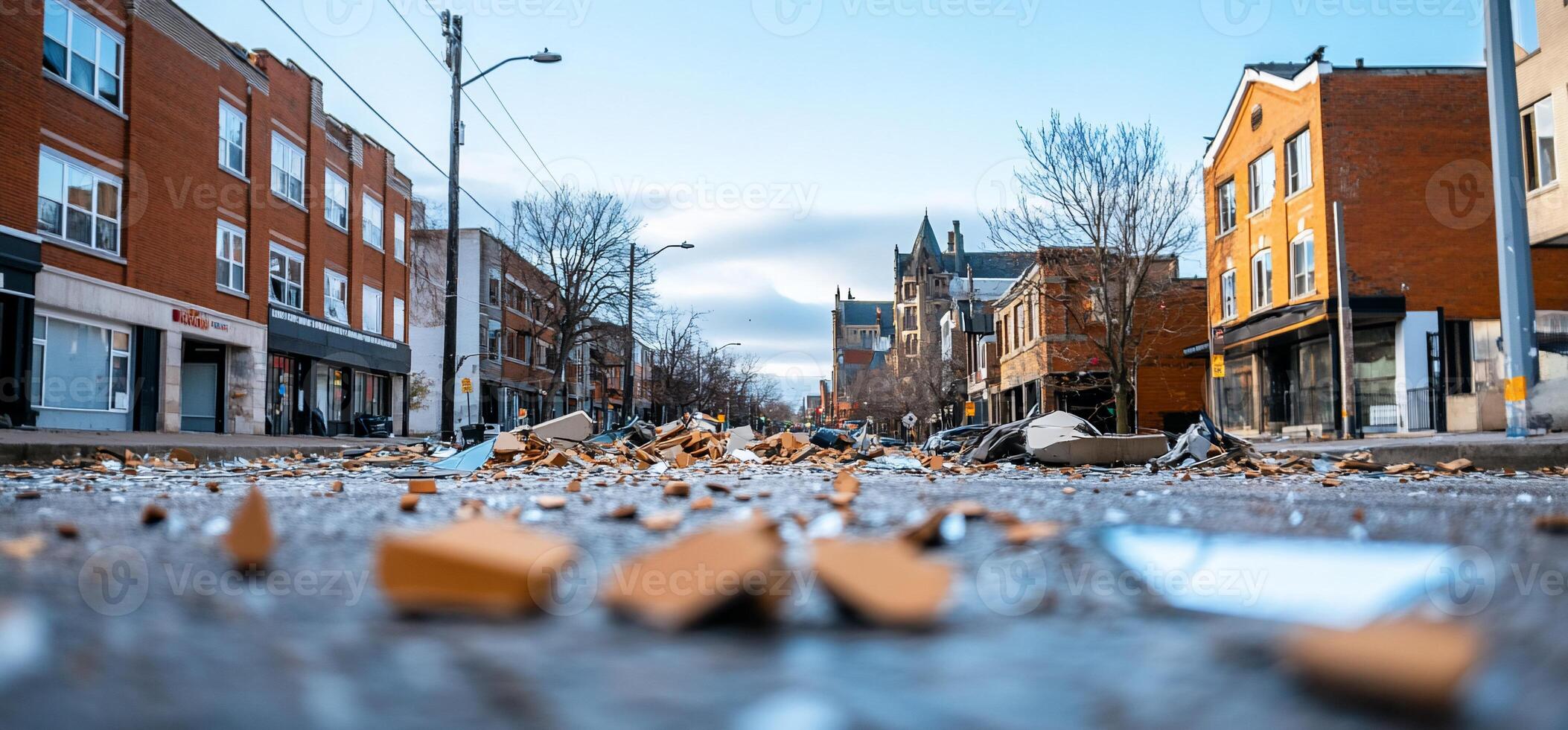 Street scene with debris scattered on the road after a disturbance. photo