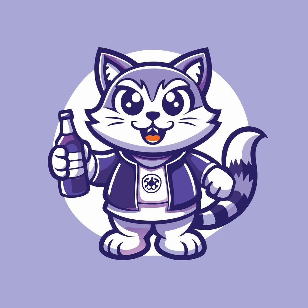 Cute Cartoon Cat Holding a Bottle of Soda Pop vector