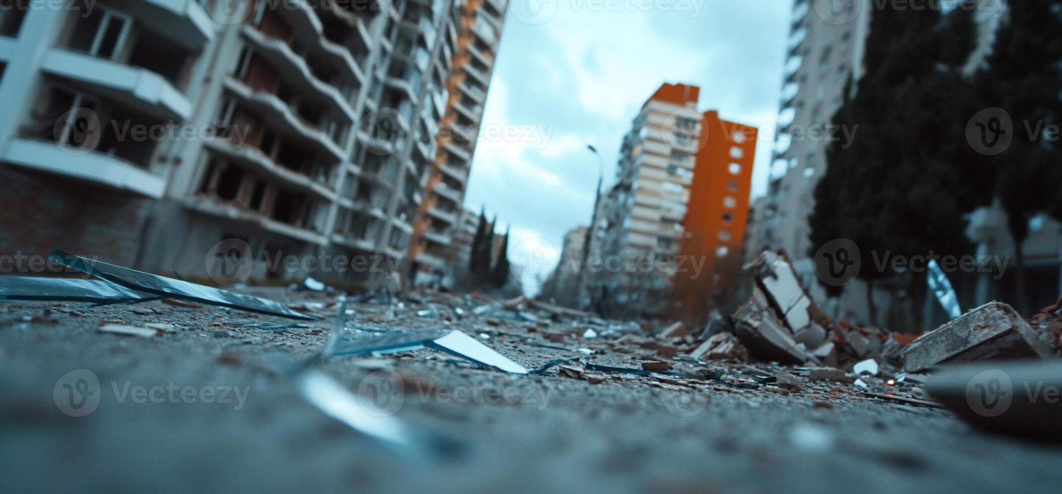 A desolate street littered with debris and broken glass. photo