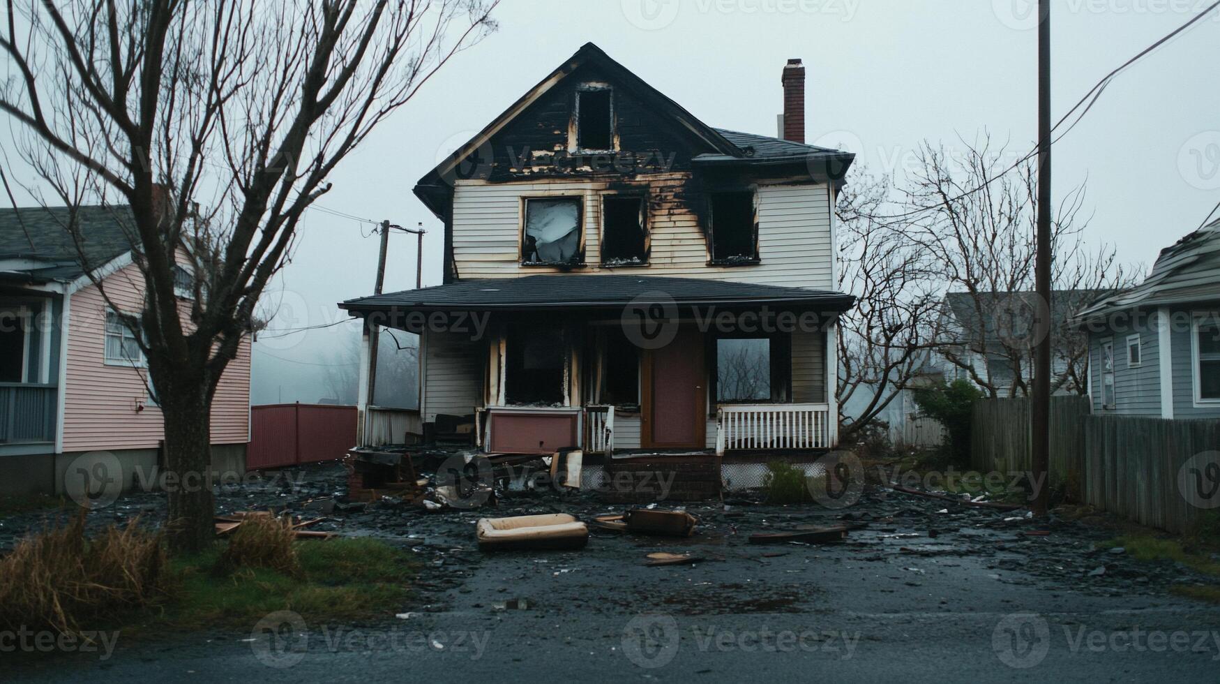 A burned house with charred walls and debris in a foggy environment. photo