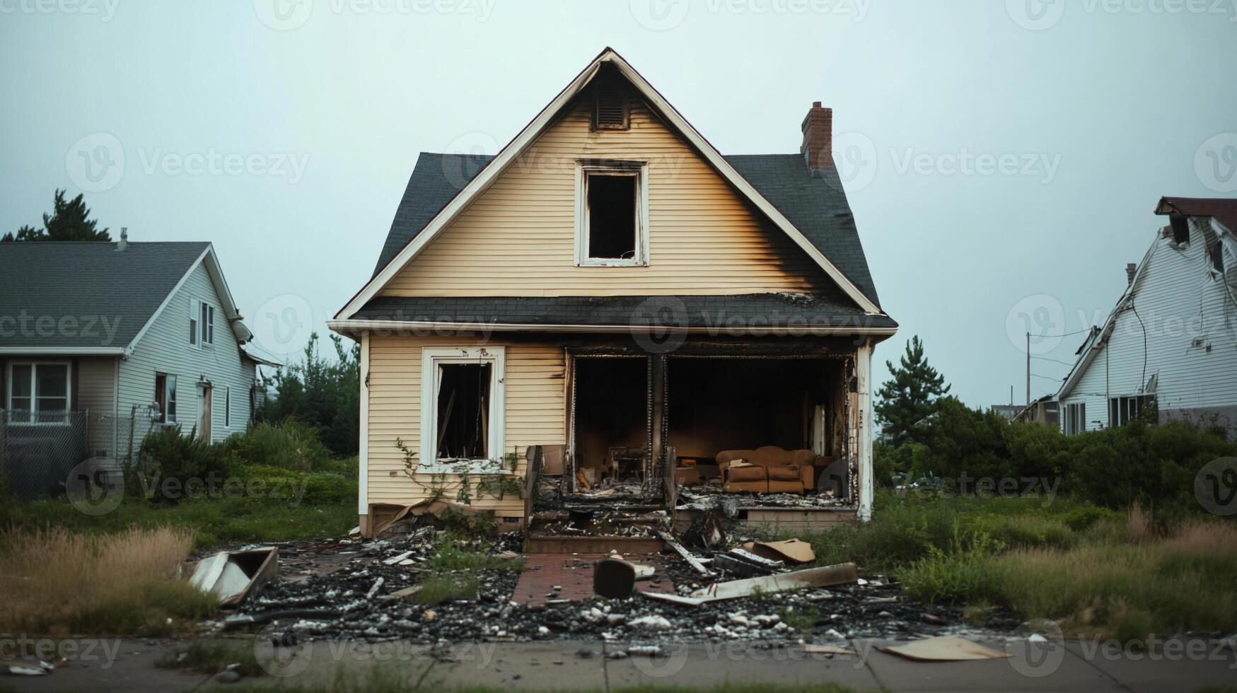 A damaged house with fire damage and debris in a desolate area. photo