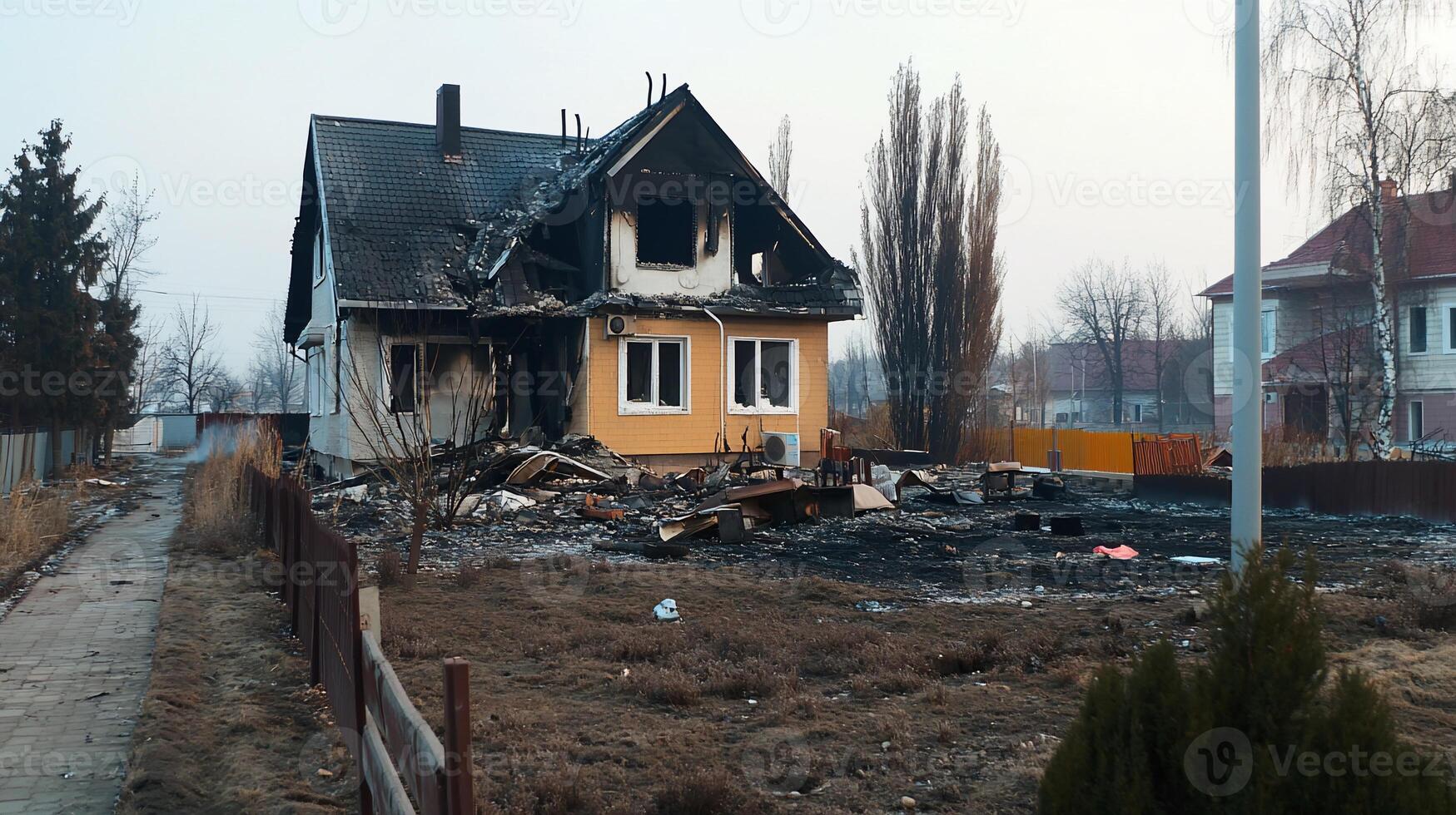 A burned house with debris in a desolate landscape. photo