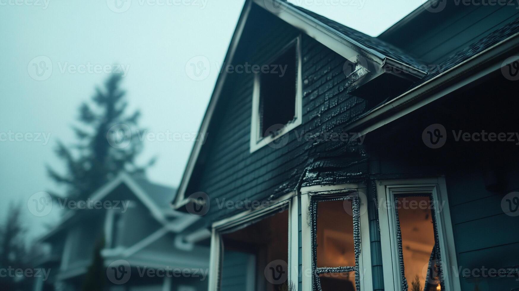 A house with fire damage, showing charred wood and a broken window. photo