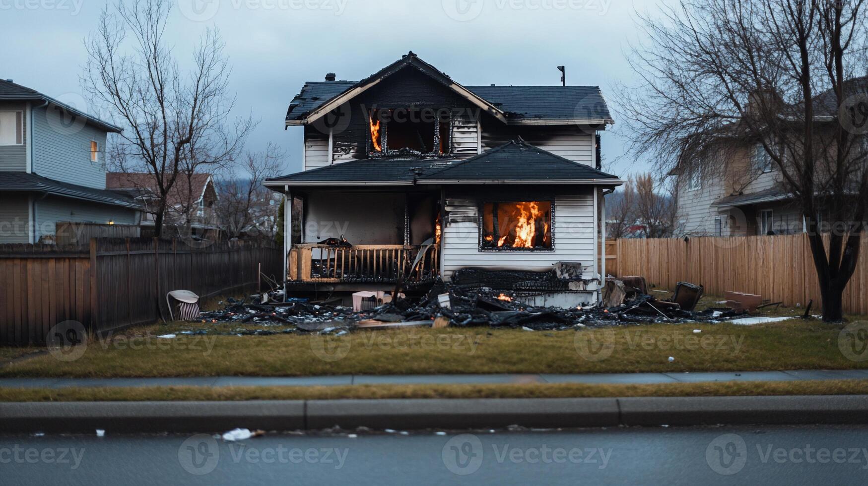 A house engulfed in flames, showcasing the aftermath of a fire. photo