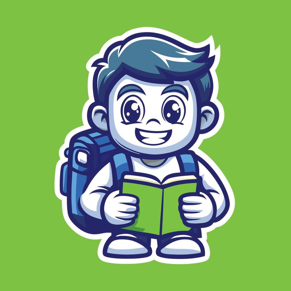 Young Boy Reading with Passion, Backpack-Ready for Adventure vector