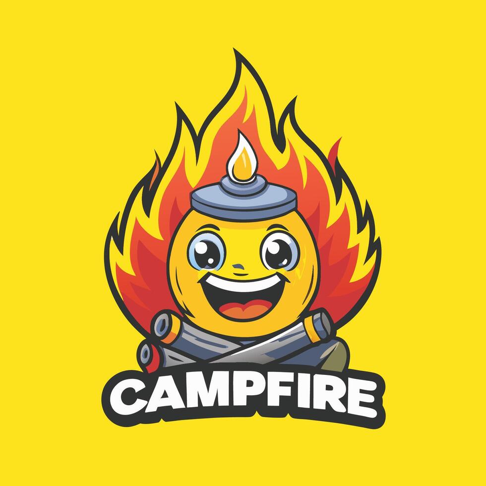 Friendly Campfire Cartoon Character in Line Art Style Logo vector