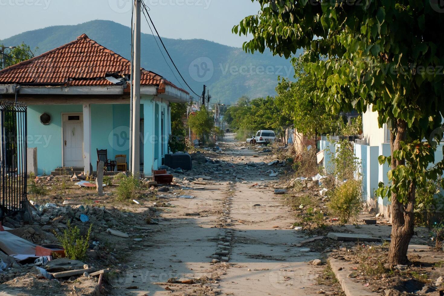 A deserted street with debris and abandoned houses in a rural area. photo