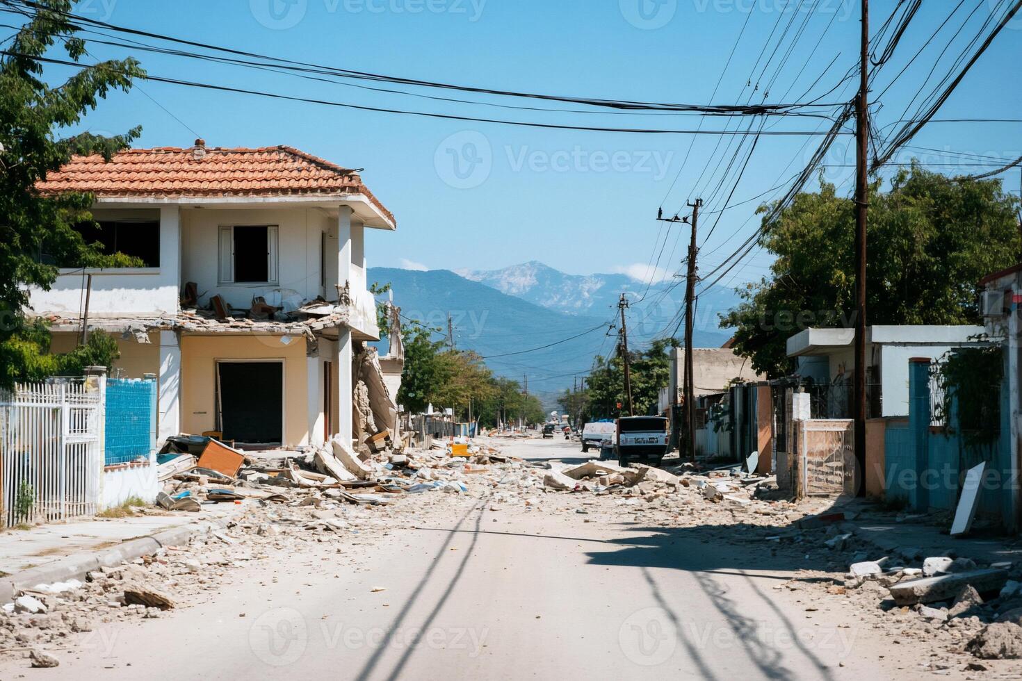 Desolate street view with debris from a collapsed building. photo