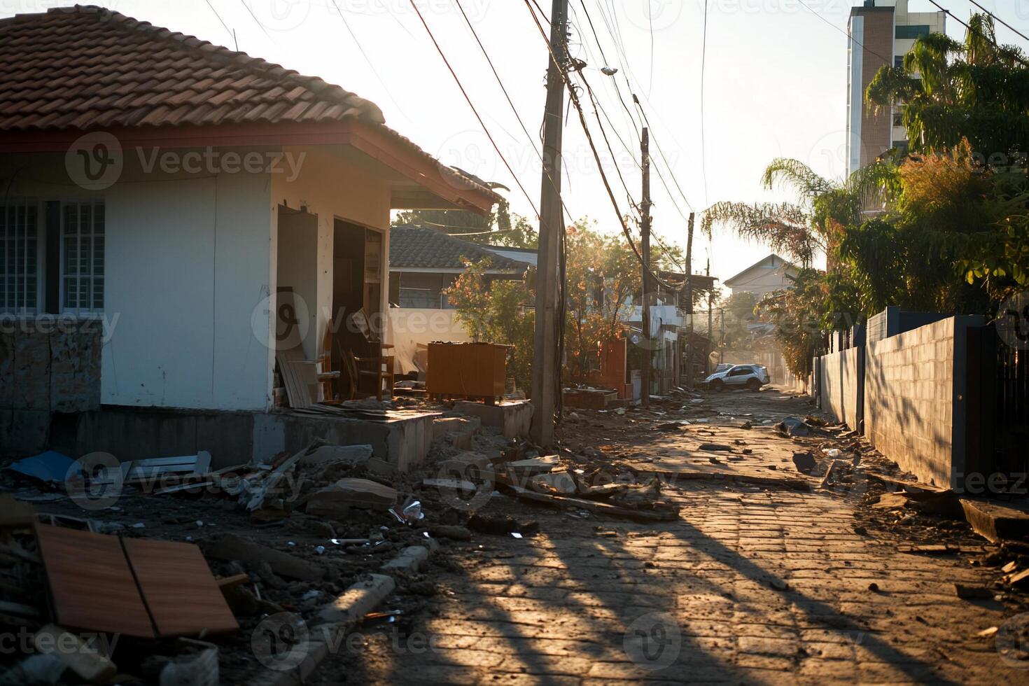 A street scene showing damaged buildings and debris after a disaster. photo
