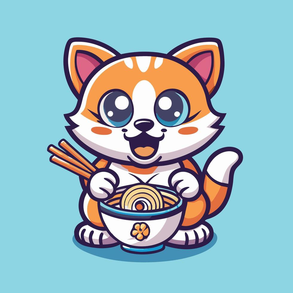 Hungry Feline Savoring a Delightful Ramen Meal in Illustration Format vector