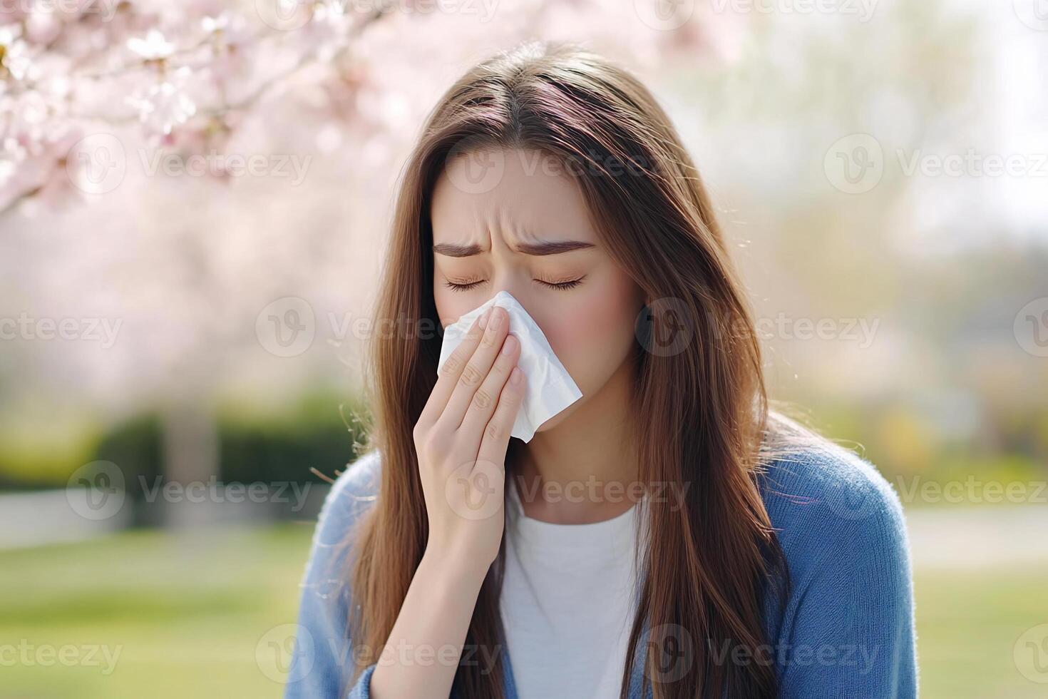 A woman blowing her nose in front of a tree photo