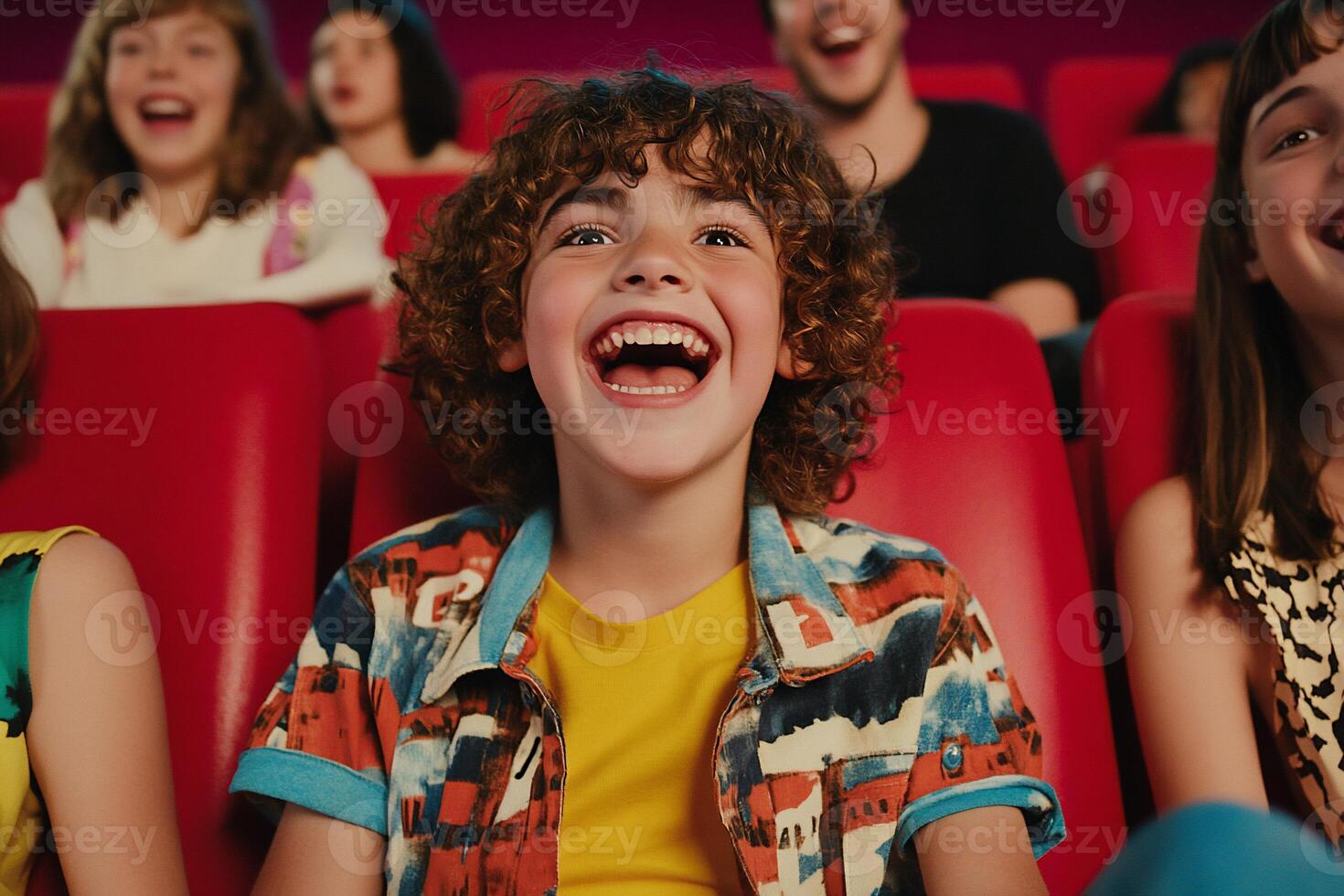 A joyful child laughing in a cinema filled with smiling faces. photo
