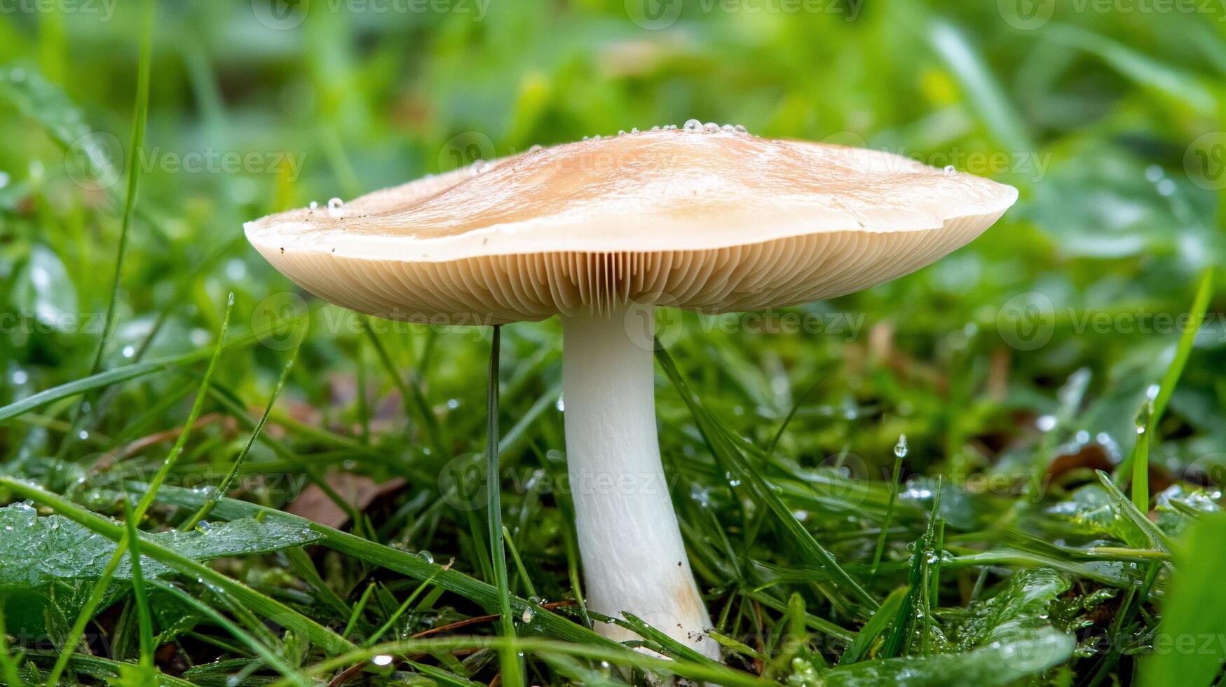 A mushroom is standing in the grass with water droplets on it photo