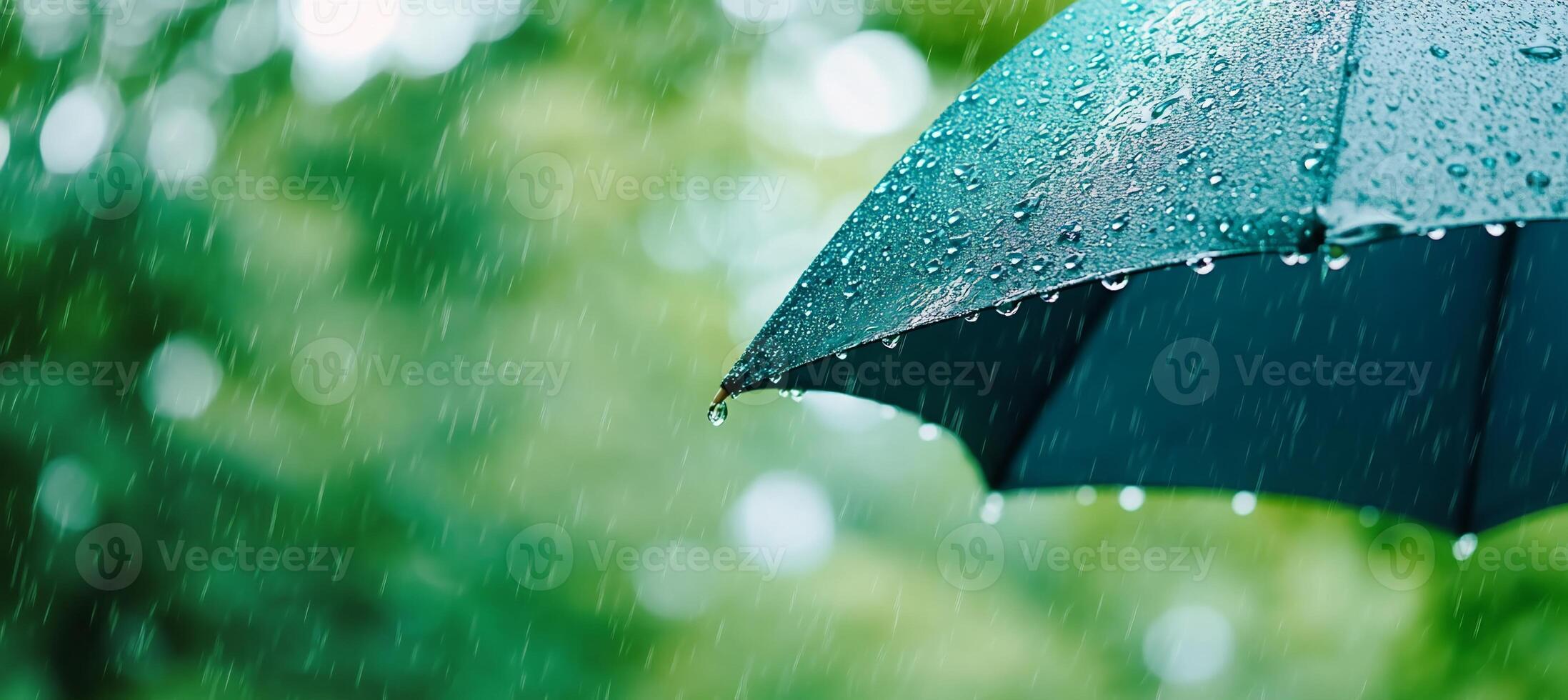 A green umbrella is open in the rain photo