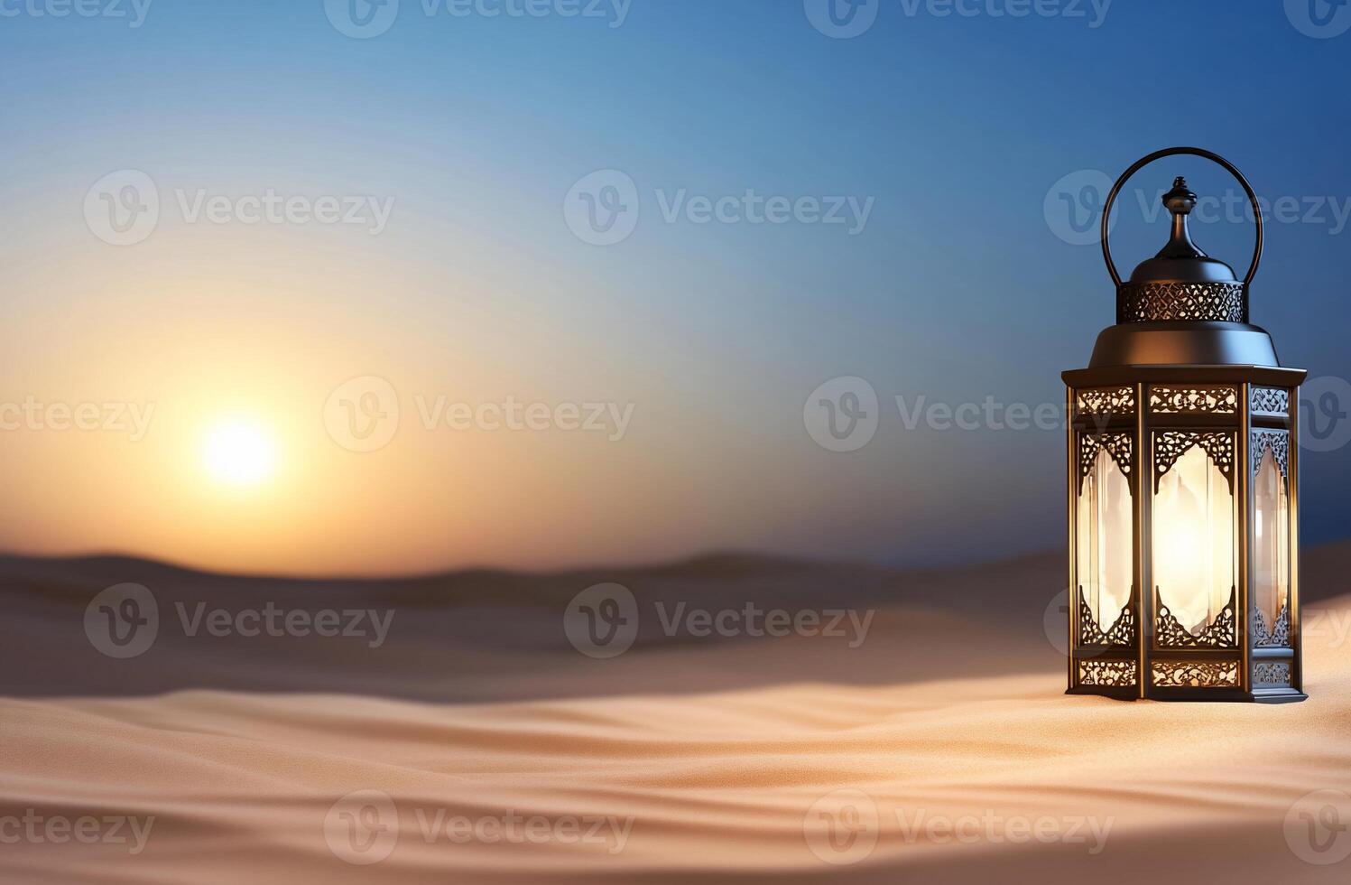 A lantern in a serene desert landscape at sunset. photo