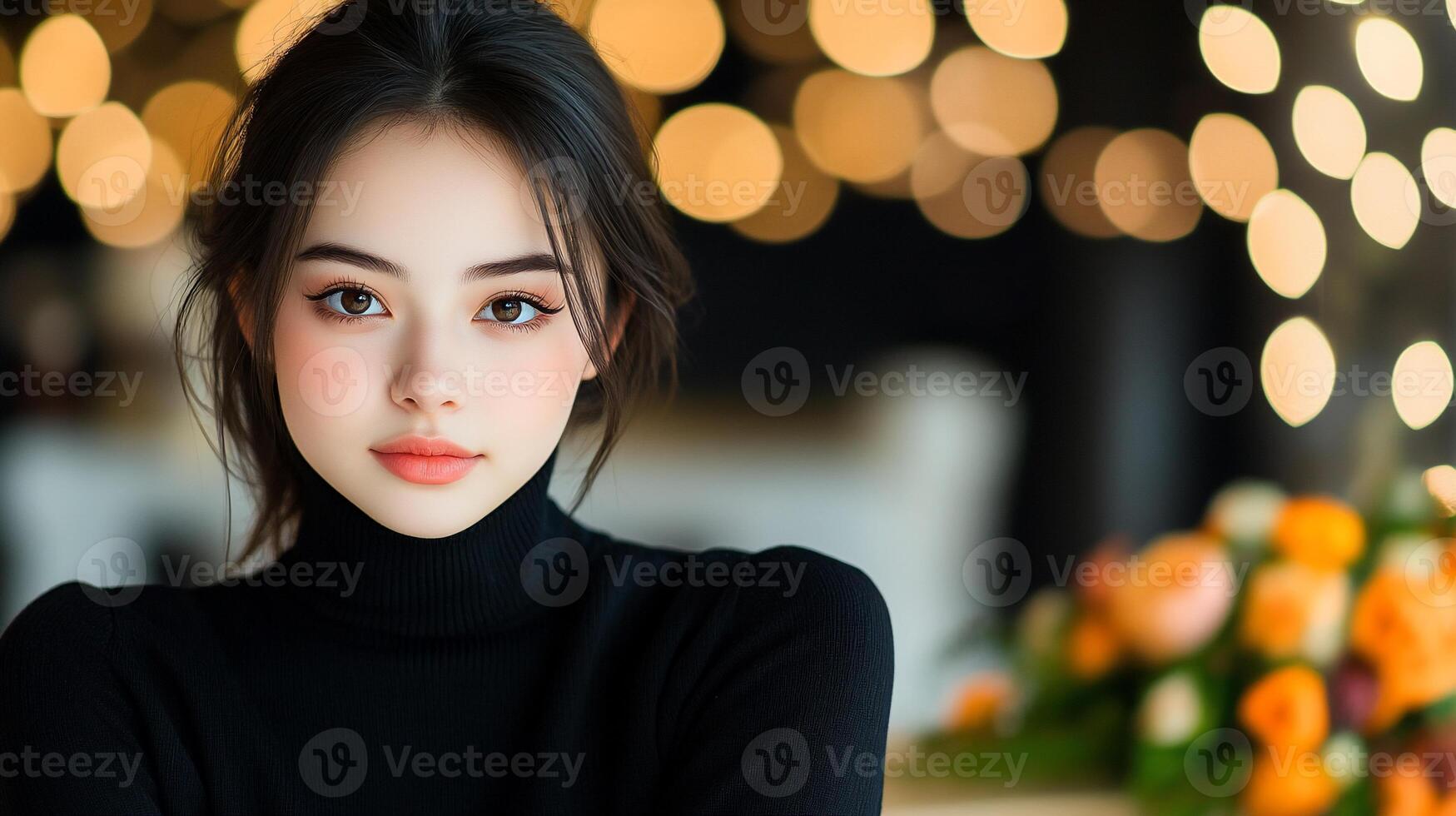 Beautiful asian woman with black turtle neck sweater photo