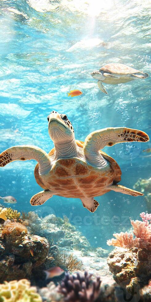 A serene underwater scene featuring a turtle swimming among coral reefs. photo