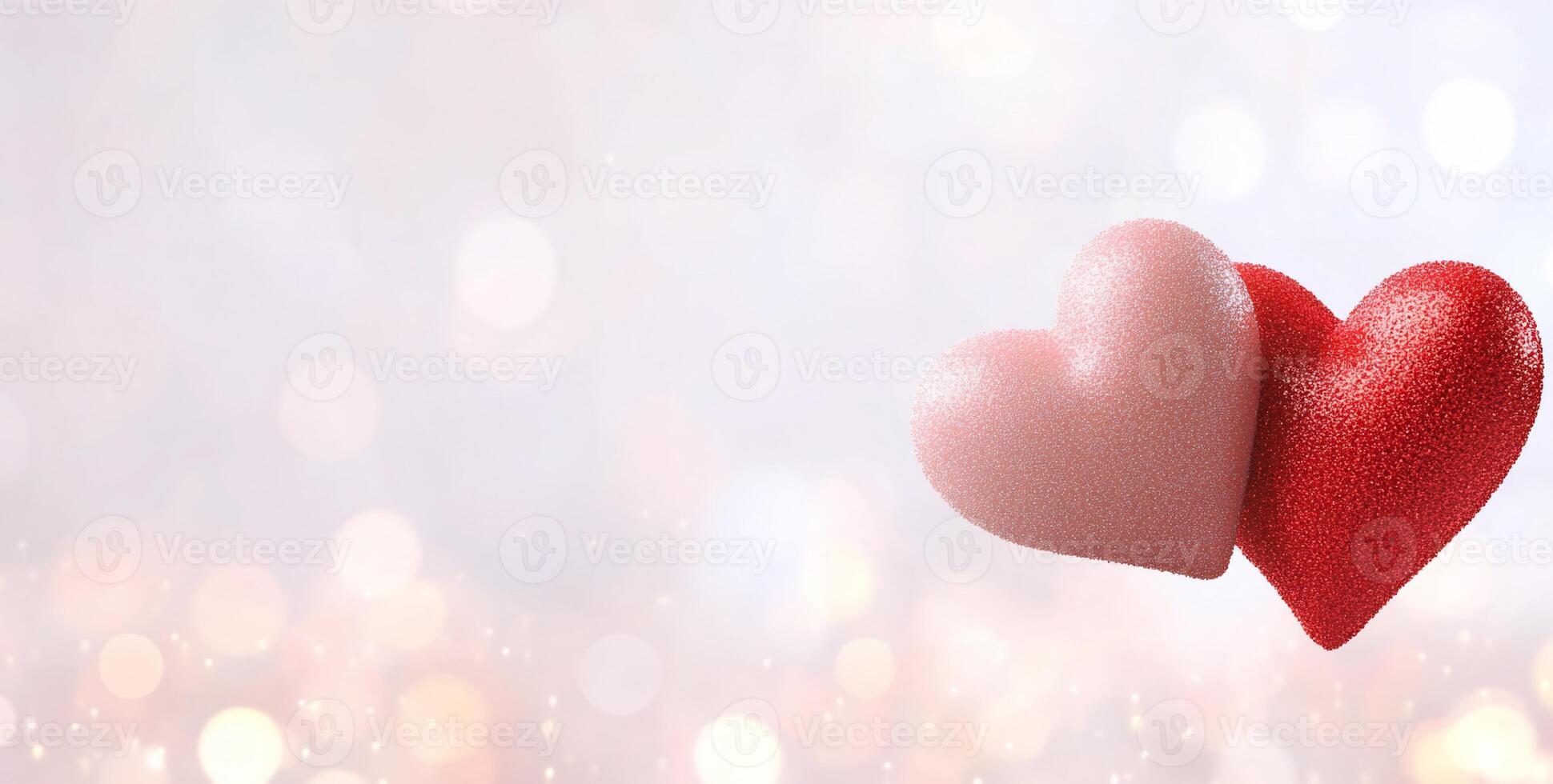 Two hearts, one pink and one red, set against a soft, sparkly background. photo