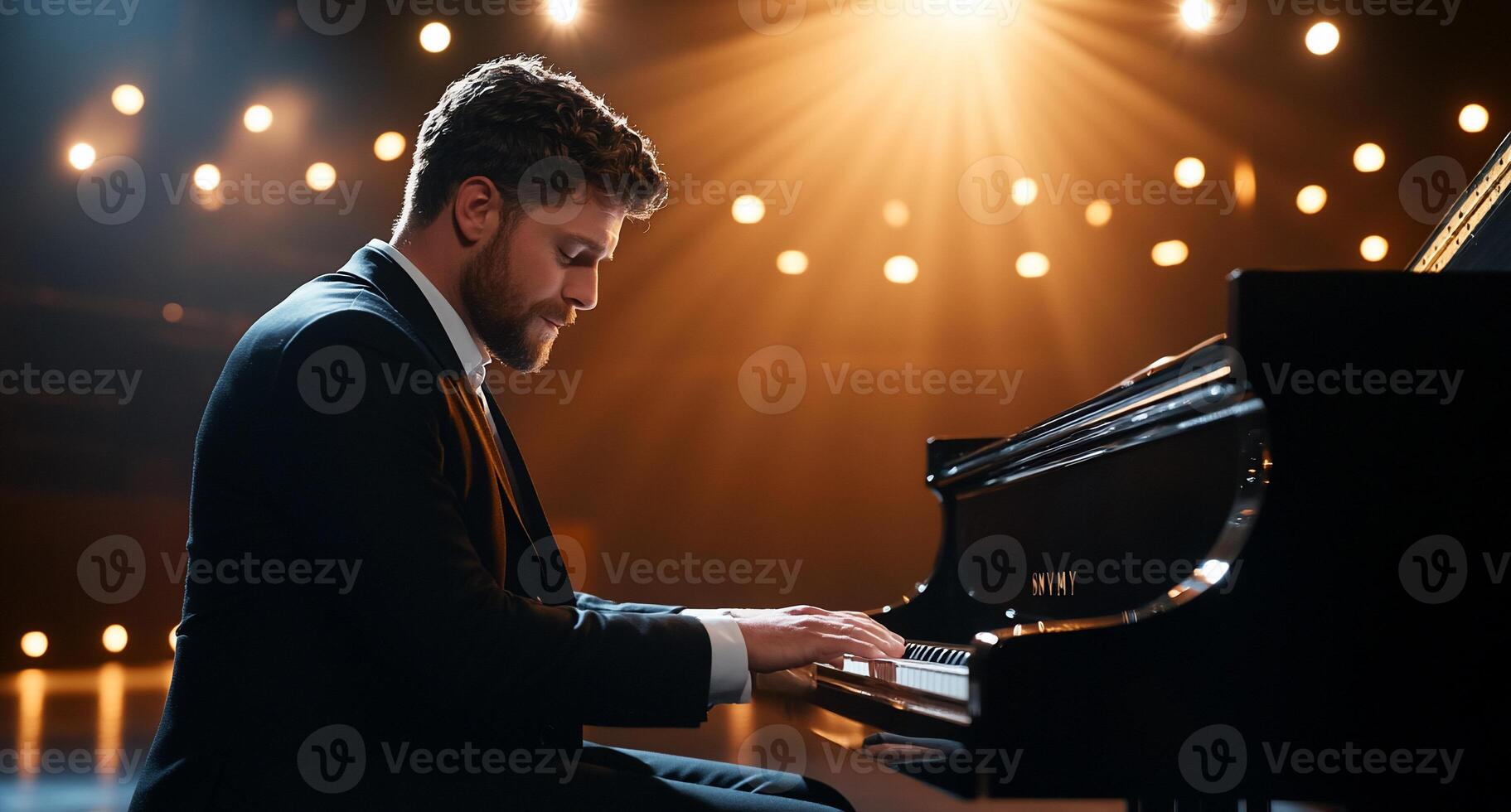 A man in a suit plays a grand piano on a well-lit stage. photo