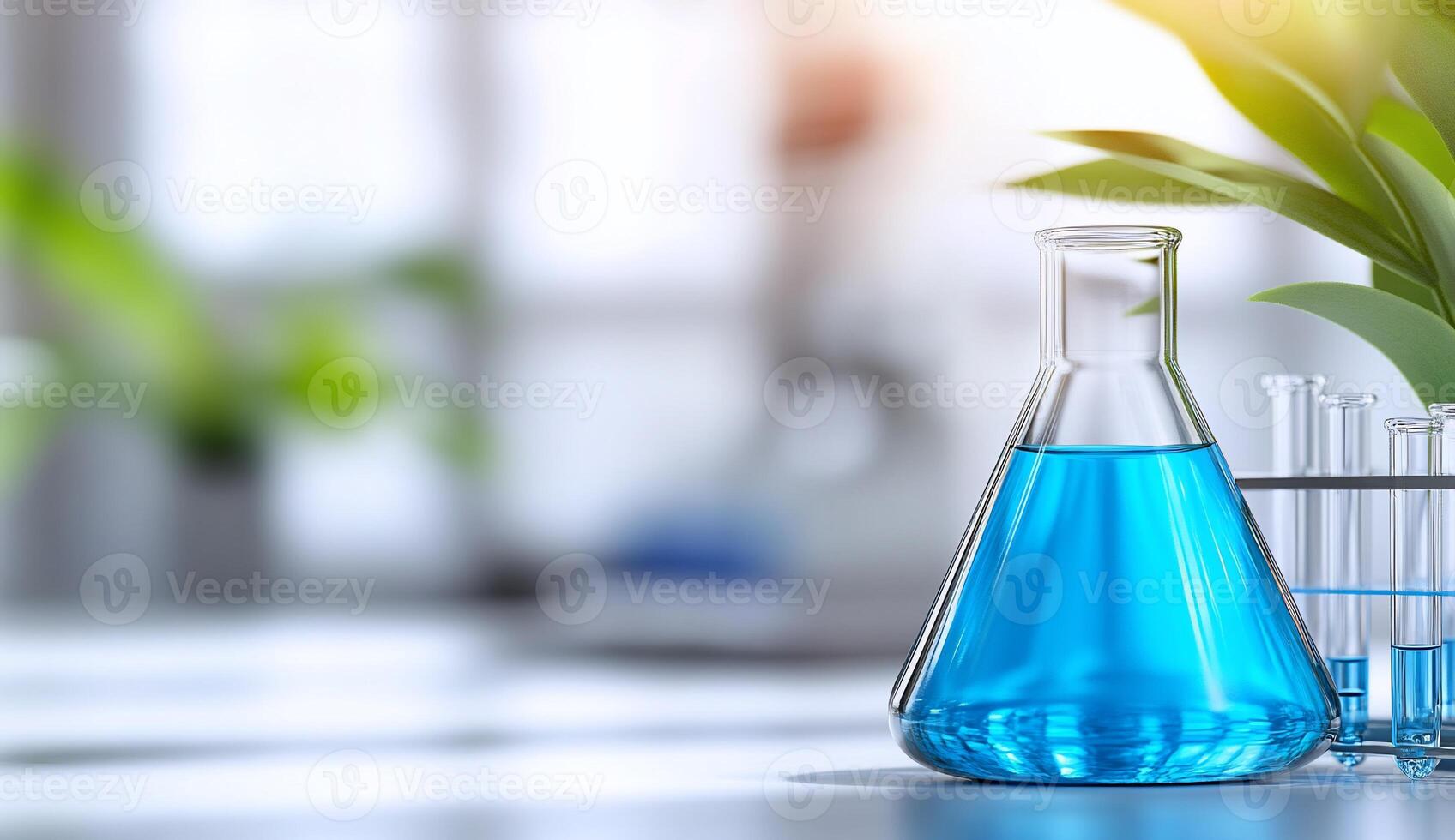 A laboratory scene with a blue liquid in a flask and green plants. photo