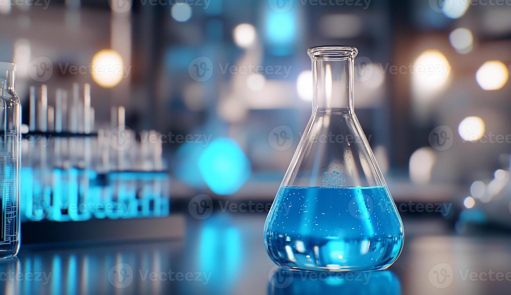 A laboratory scene featuring a blue liquid in a flask. photo