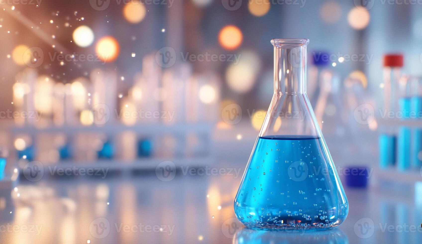 A laboratory flask containing blue liquid, surrounded by test tubes. photo