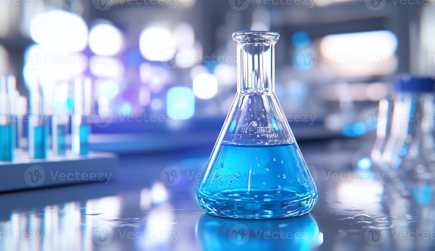 A laboratory flask with blue liquid sitting on a table photo
