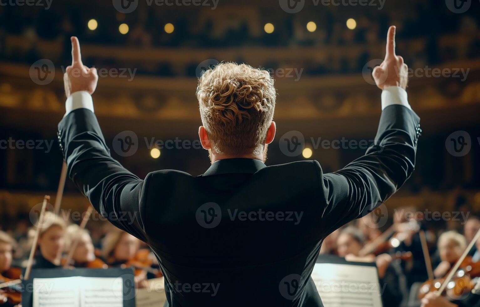 A conductor with his hands up in front of an orchestra photo