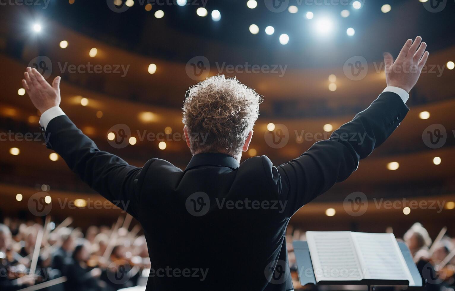 A conductor with his arms raised in front of an orchestra photo