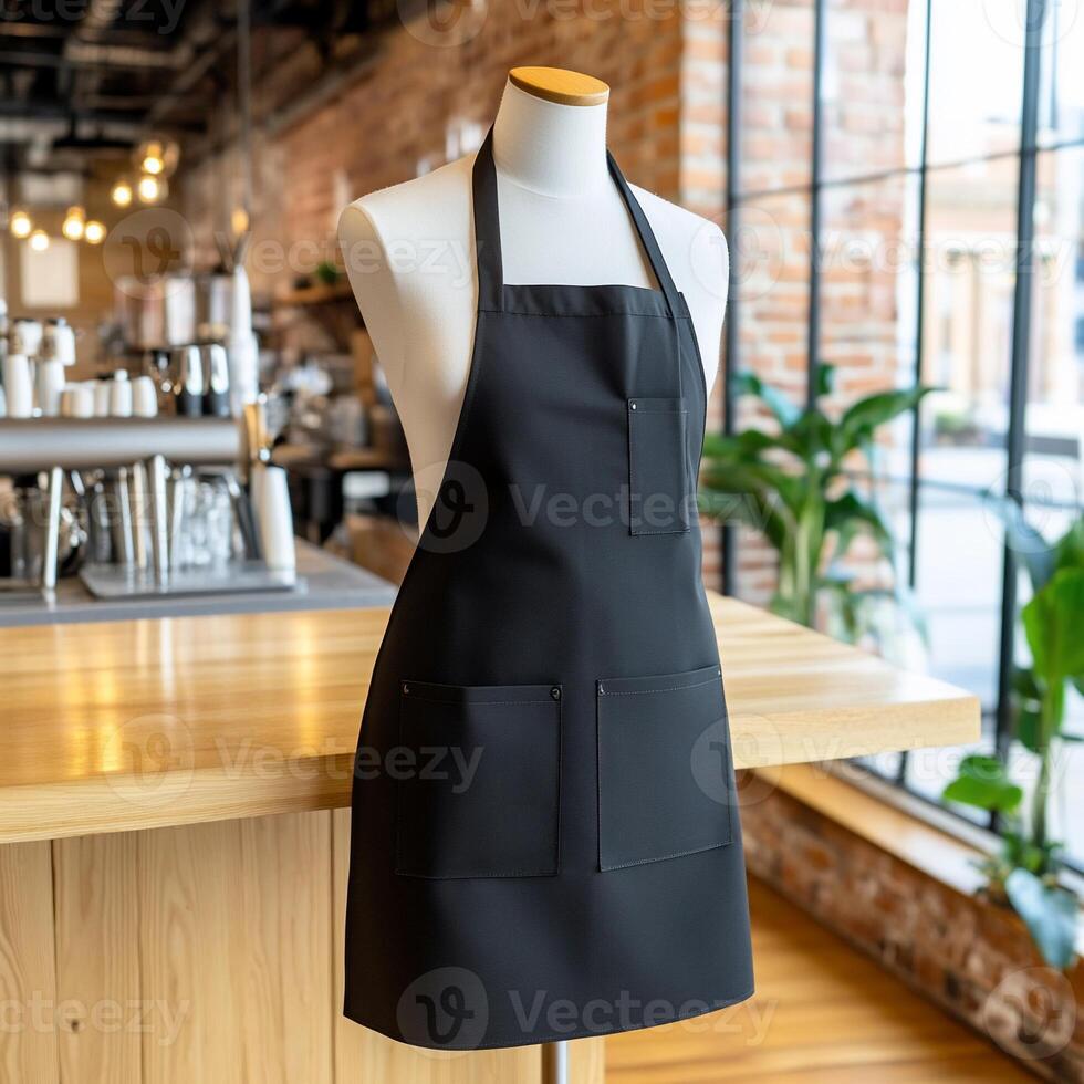 A black apron on a mannequin in front of a coffee shop photo