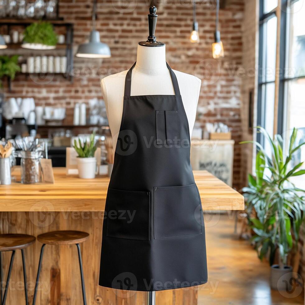 A black apron on a mannequin in a coffee shop photo