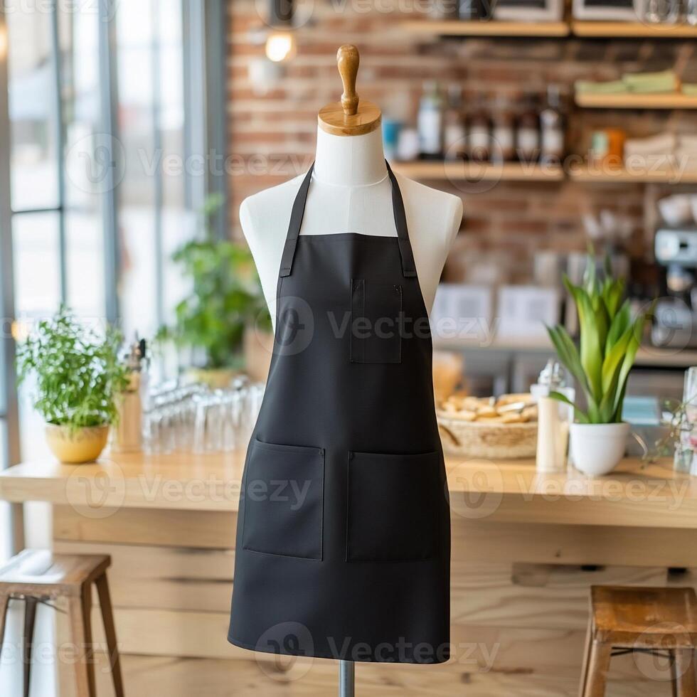 A black apron on a mannequin in front of a coffee shop photo