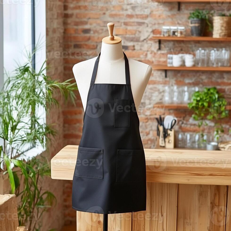 A black apron on a wooden table in a restaurant photo